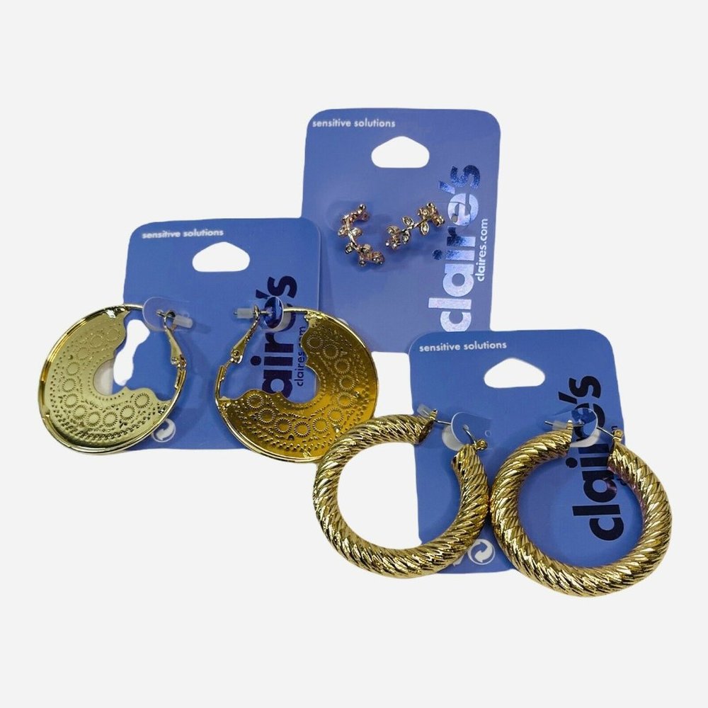 3 Pairs NWT Earrings Gold Tone Hoops Claire’s Sensitive Solutions